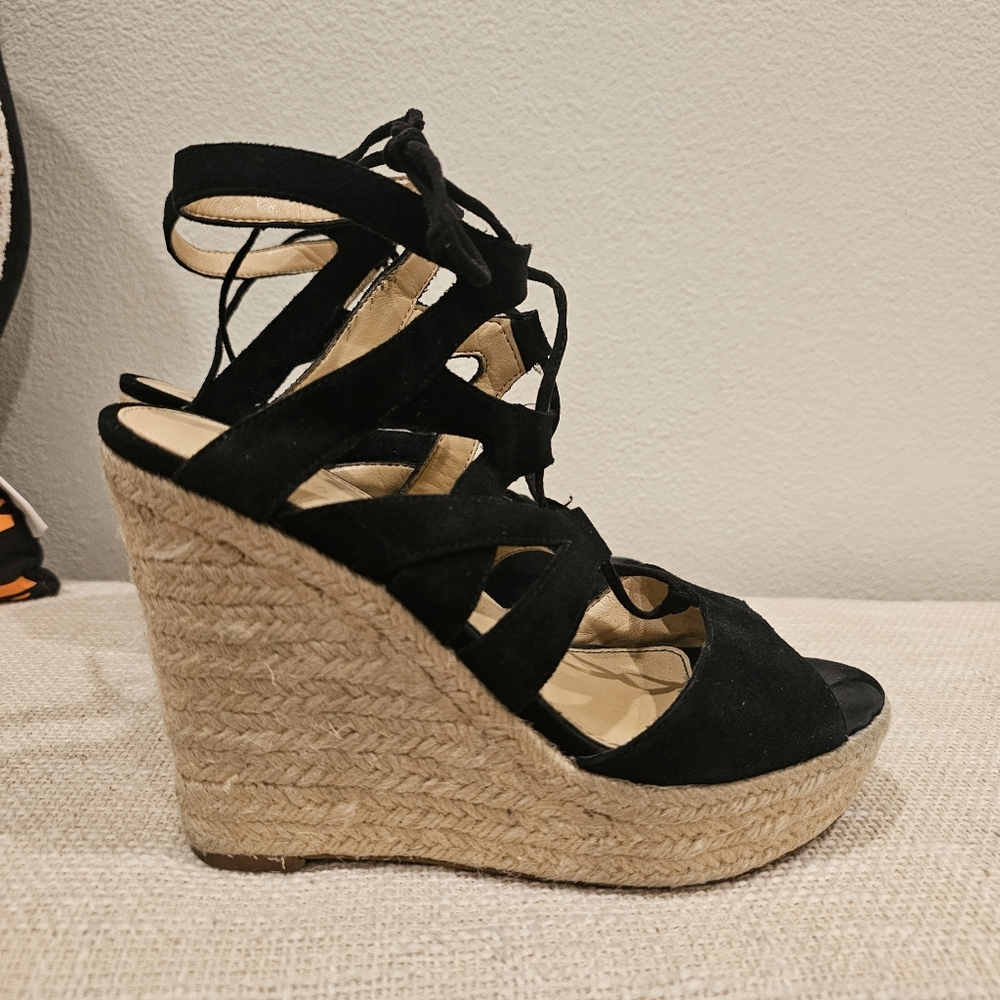 Black & natural tie up wedge sandals